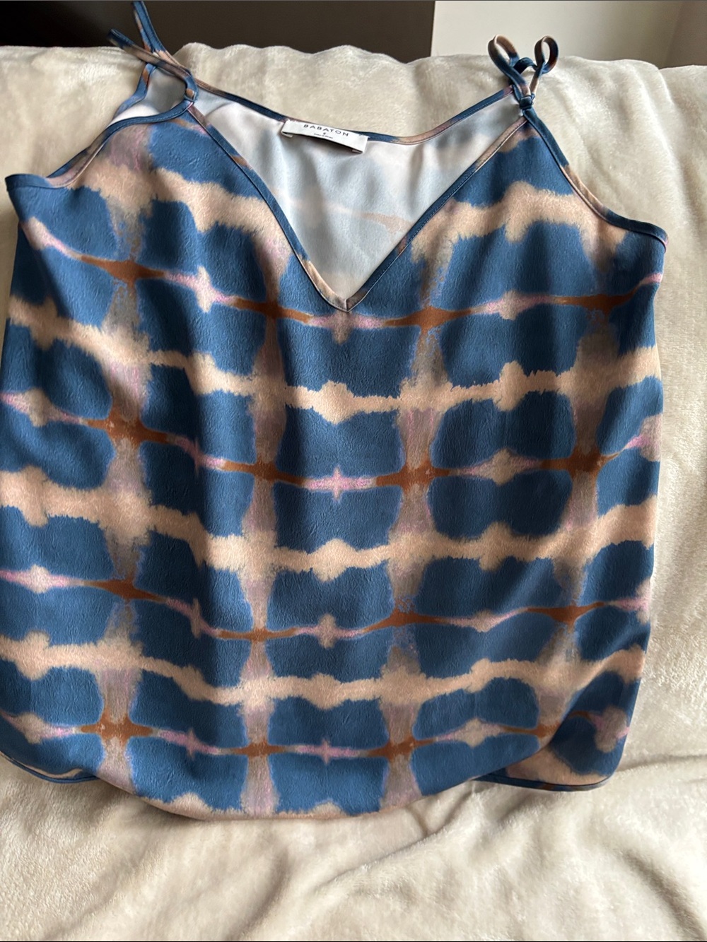 Babaton Blue, Beige & Brown Abstract Silk Cami with Tie Straps